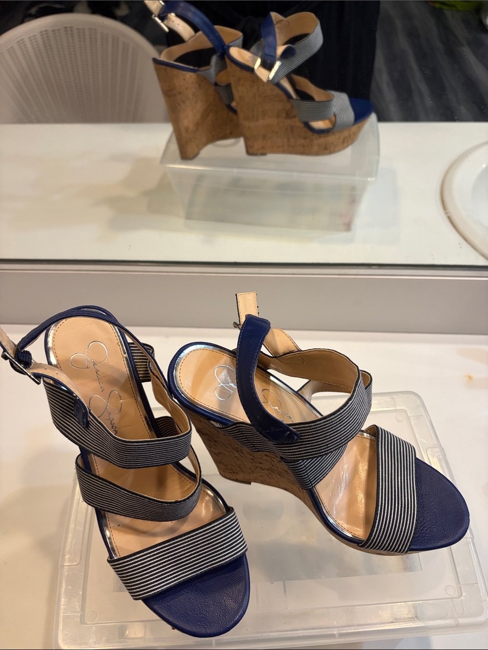 Jessica Simpson Navy and White Striped Cork Wedge Sandals